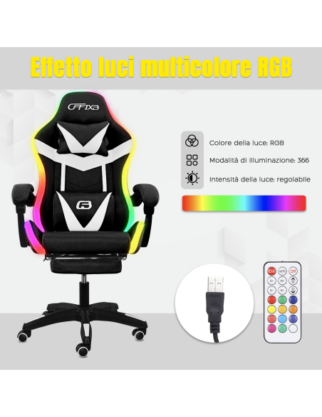 Sedia Gaming Ufficio LED RGB Telecomando Poggiatesta in Ecopelle con Poggiapiedi