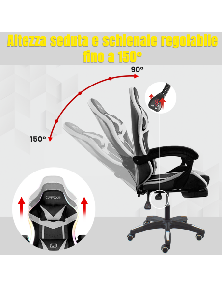 Sedia Gaming Ufficio LED RGB Telecomando Poggiatesta in Ecopelle con Poggiapiedi