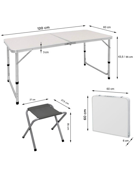 Set tavolo e 4 sgabelli pieghevoli pic nic AURORA richiudibile in valigetta
