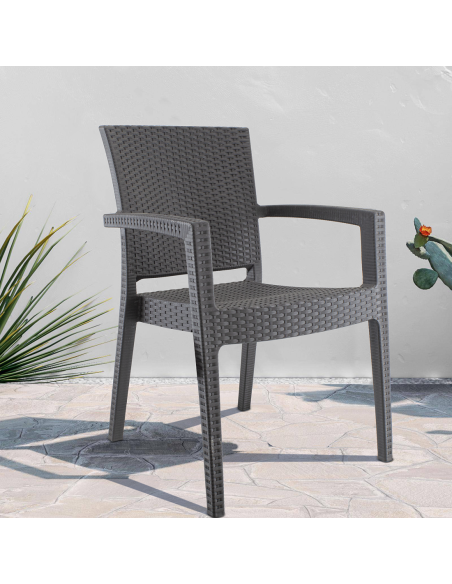 Set 4 Sedie CATAS in Resina Effetto Rattan da Esterno con Braccioli Impilabile