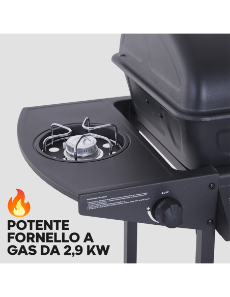 Barbecue a GAS con Fornello 2,9KW 2 Bruciatori con Coperchio e Griglia Acciaio