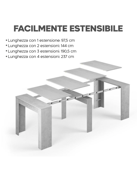 Tavolo Allungabile 10 Posti 2.37mt Salvaspazio 78x51x90 Grigio Cemento