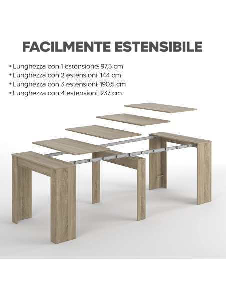 Tavolo Allungabile Consolle 10 Posti 2.37mt Salvaspazio 78x51x90 Rovere