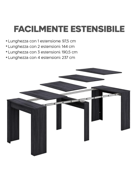 Tavolo Allungabile Consolle 10 Posti 2.37mt Salvaspazio 78x51x90 Nero Frassinato