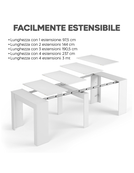 Tavolo Allungabile Consolle 14 Posti 3mt Salvaspazio 78x51x90 Bianco Lucido