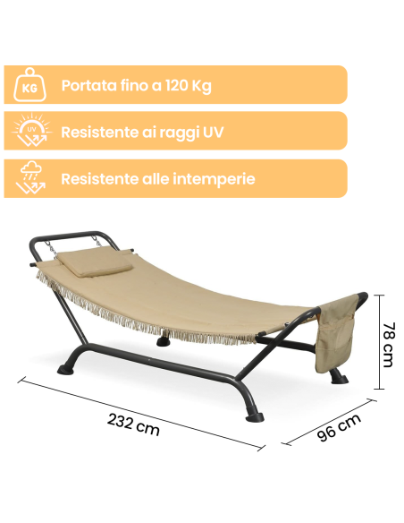 Amaca da Giardino con Supporto in Acciaio e Telo Peso Max 120Kg 232x96x78 Beige