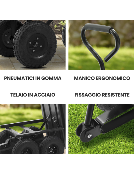 Carrello Manuale da Giardino Ribaltabile con Ruote Gommate 75lt in Metallo Nero