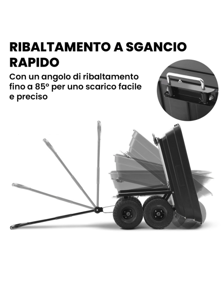 Carrello Manuale da Giardino Ribaltabile con Ruote Gommate 75lt in Metallo Nero