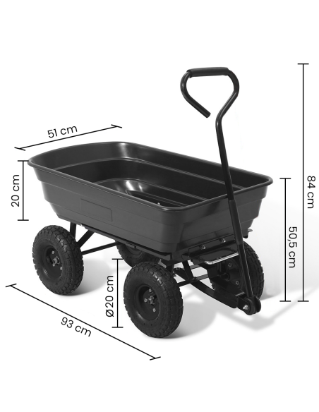 Carrello Manuale da Giardino Ribaltabile con Ruote Gommate 75lt in Metallo Nero