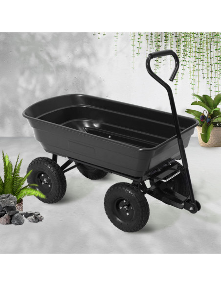 Carrello Manuale da Giardino Ribaltabile con Ruote Gommate 75lt in Metallo Nero