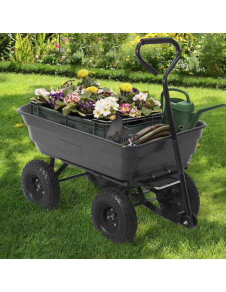 Carrello Manuale da Giardino Ribaltabile con Ruote Gommate 75lt in Metallo Nero