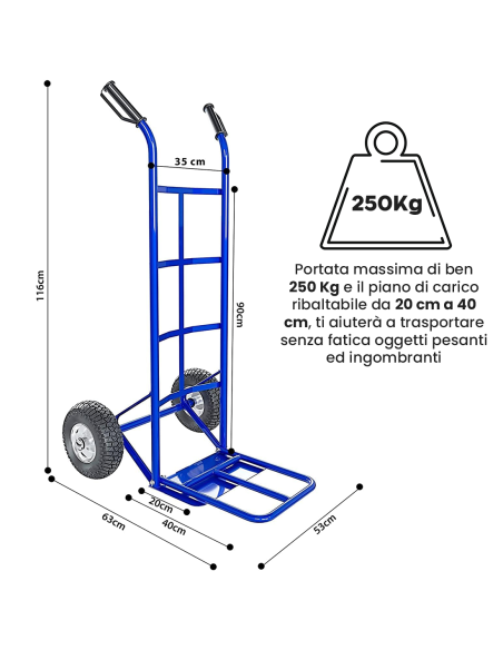 Carrello a Mano Portapacchi con Ribalta Portata max 250Kg Acciaio Blu 116x53x63