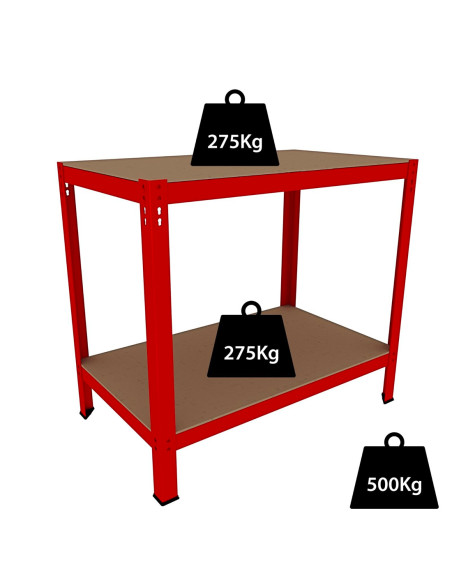 Banco da Lavoro Tavolo 2 Ripiani Porta Attrezzi Acciaio Legno Rosso 100x90x60cm