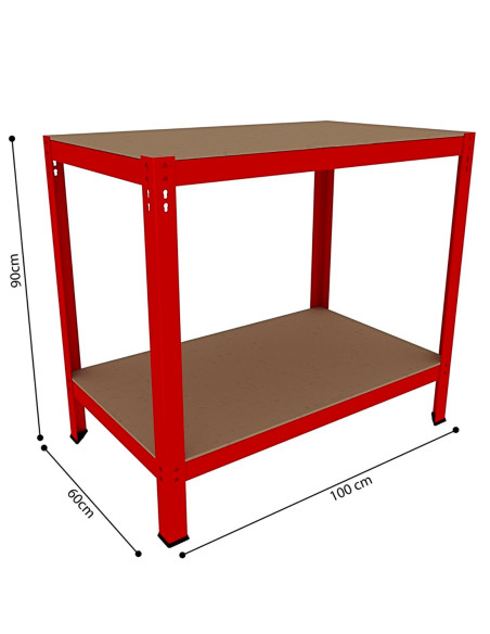 Banco da Lavoro Tavolo 2 Ripiani Porta Attrezzi Acciaio Legno Rosso 100x90x60cm