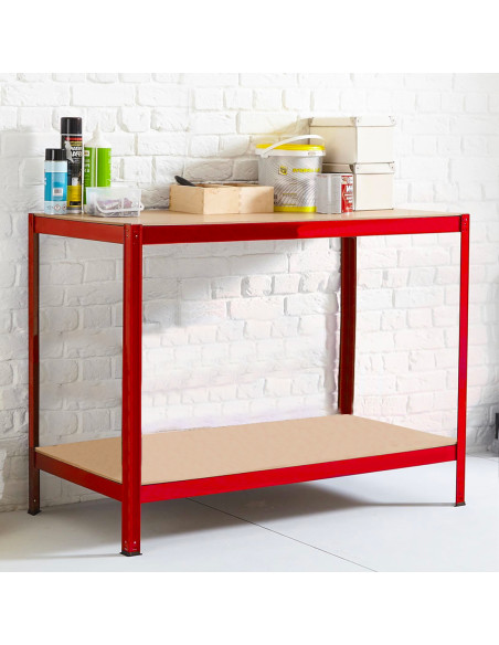 Banco da Lavoro Tavolo 2 Ripiani Porta Attrezzi Acciaio Legno Rosso 100x90x60cm