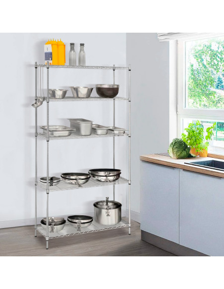 Scaffale 5 Ripiani Portaoggetti Acciaio Cromato Casa Cucina Max 200Kg 180x90x35