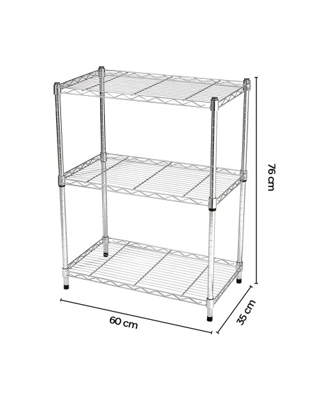 Scaffale 3 Ripiani Portaoggetti Acciaio Cromato Casa Cucina Max 120Kg 76x60x35