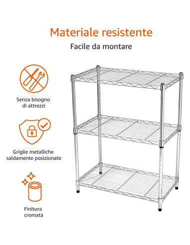Scaffale 3 Ripiani Portaoggetti Acciaio Cromato...