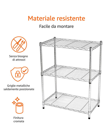 Scaffale 3 Ripiani Portaoggetti Acciaio Cromato Casa Cucina Max 120Kg 76x60x35
