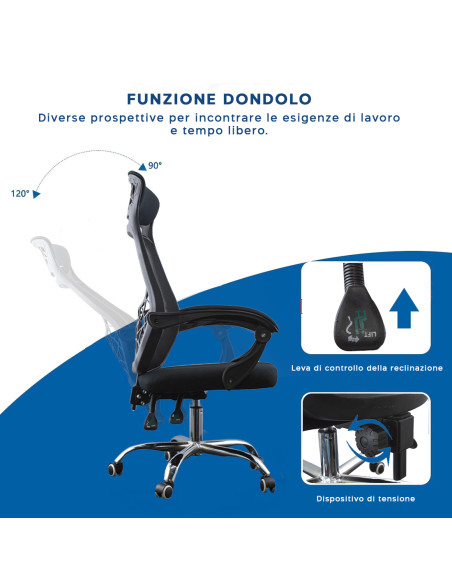 Sedia per Ufficio LEONARDO Nera Poltrona Direzionale con Poggiatesta e Braccioli