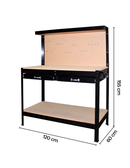 Banco da Lavoro 3 Livelli Acciaio MDF con Cassetti e Pennello Forato 120x155x60