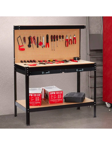 Banco da Lavoro 3 Livelli Acciaio MDF con Cassetti e Pennello Forato 120x155x60