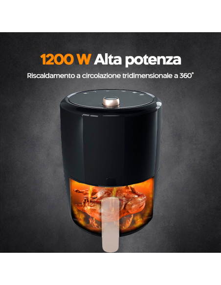 Friggitrice Ad Aria 3lt Elettrica 1200W Antiaderente Timer 60 Min Max 200°C