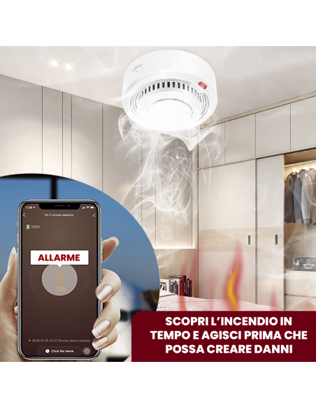 Rilevatore di Fumo Wireless Controllo con App Allarme Intelligente WI-Fi Sonoro