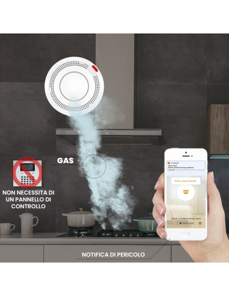 Rilevatore di Fumo Wireless Controllo con App Allarme Intelligente WI-Fi Sonoro