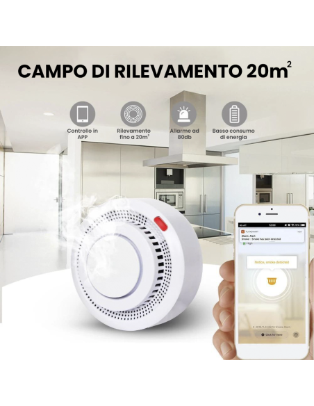 Rilevatore di Fumo Wireless Controllo con App Allarme Intelligente WI-Fi Sonoro