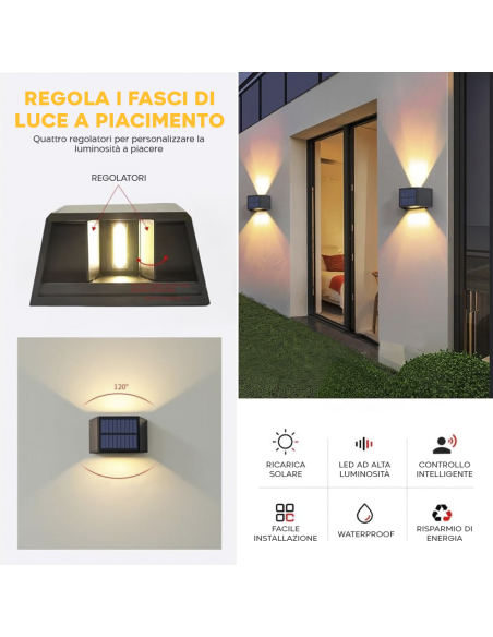 Lampada Solare Applique da Parete Doppia Emissione di Luce Calda Crepuscolare