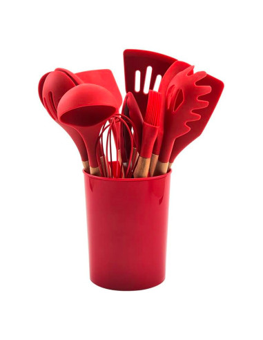 Set 12 Utensili da Cucina Mestoli Silicone Alimentare Antiaderente Antigraffio Rosso
