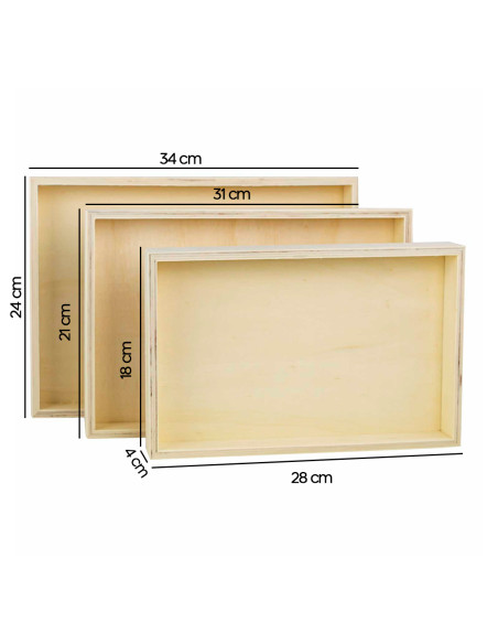 Set 3 Vassoi Legno Naturale per Decoupage Varie Misure Senza Manico da Dipingere