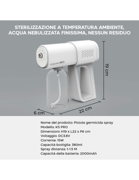 Vaporizzatore Spray 380ml Sterilizzatore Ambienti 15W Nebulizzatore Ricaricabile