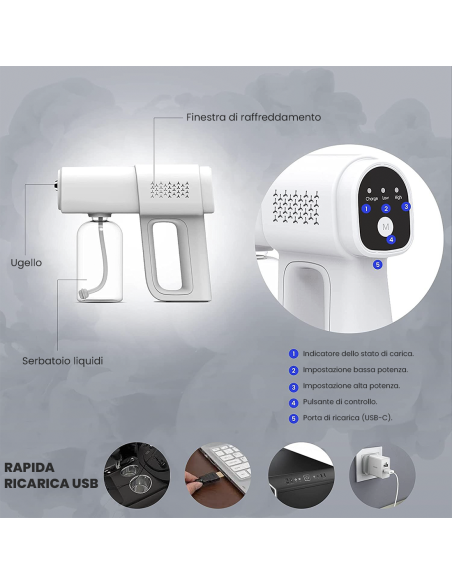 Vaporizzatore Spray 380ml Sterilizzatore Ambienti 15W Nebulizzatore Ricaricabile