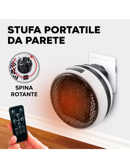 Stufa Elettrica Portatile Senza Fili da Muro 900W Display Timer e Telecomando