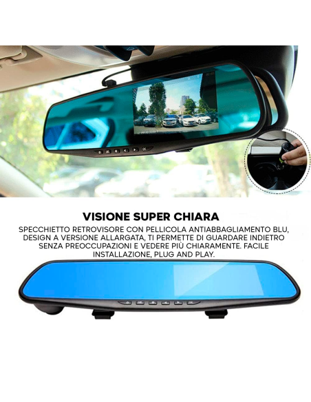 Specchietto Retrovisore con Telecamera Schermo LCD 4.3" DVR Video Full HD 1080P