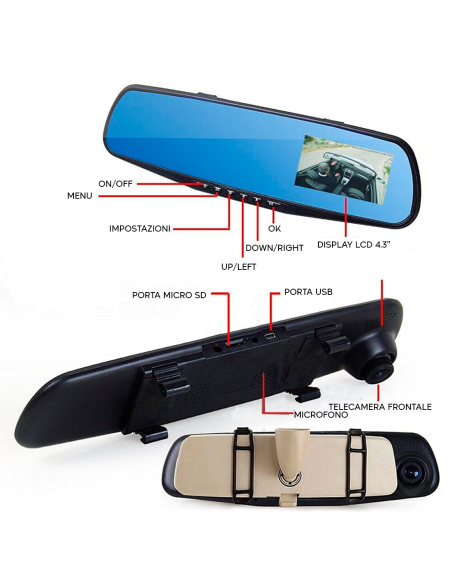 Specchietto Retrovisore con Telecamera Schermo LCD 4.3" DVR Video Full HD 1080P