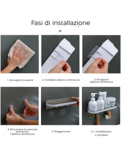 Mensola Portaoggetti Adesiva a Parete Organizer 4 Ganci Bagno e Cucina 30x10.5x7