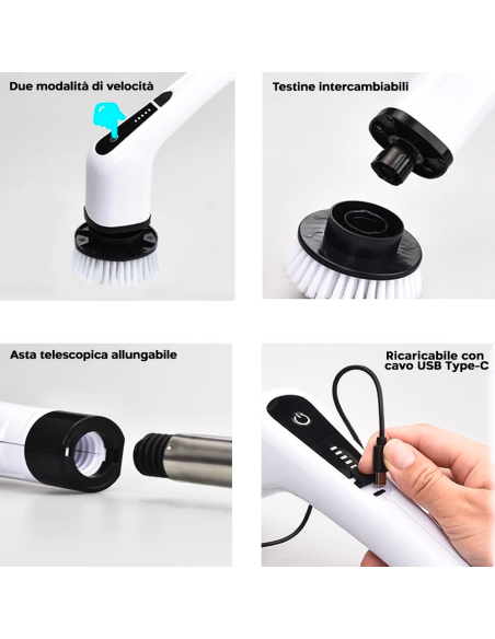 Spazzola Elettrica Rotante Senza Fili 3 in 1 Mocio per Superfici con 3 Testine