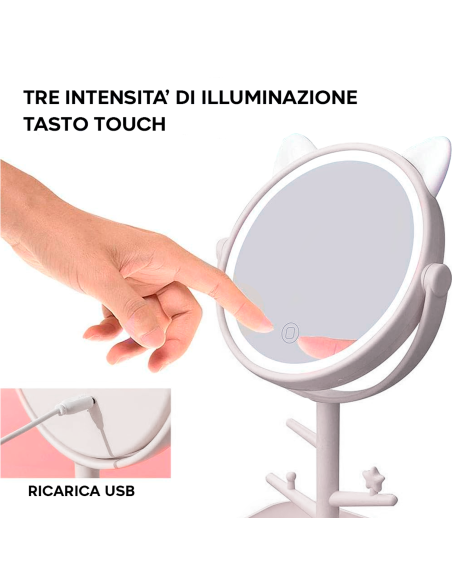 Specchio Make Up Cosmetico Luce LED Ricaricabile da Tavolo B0257 Porta Gioielli