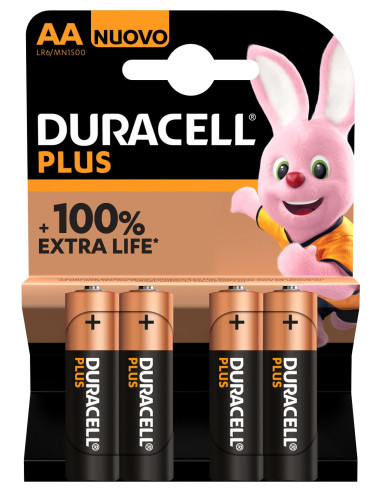 Confezione 4 Duracell Plus Pile AA 100% Extra Life Batterie Stilo Alcaline