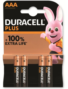 Confezione 4 Duracell Plus Pile Mini Stilo AAA 100% Extra Life Batterie Alcaline