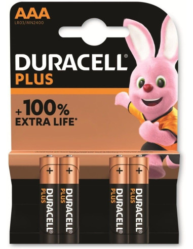 Confezione 4 Duracell Plus Pile Mini Stilo AAA 100% Extra Life Batterie Alcaline