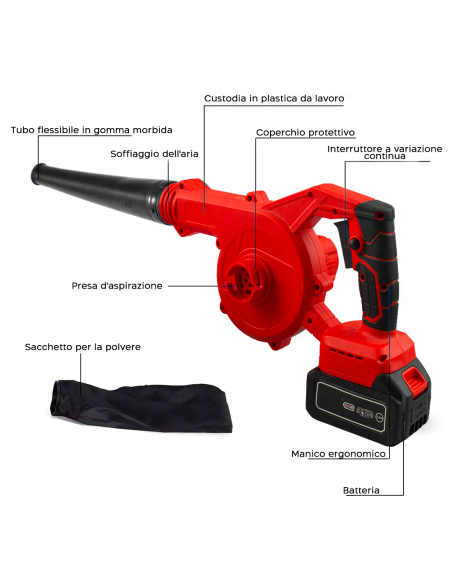 Soffiatore Aspirapolvere a Batteria Wireless 18V Ricaricabile con Sacchetto