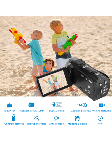 Videocamera Digitale 20 Mega Pixels Full HD Zoom 16X Night Vision Schermo da 3"