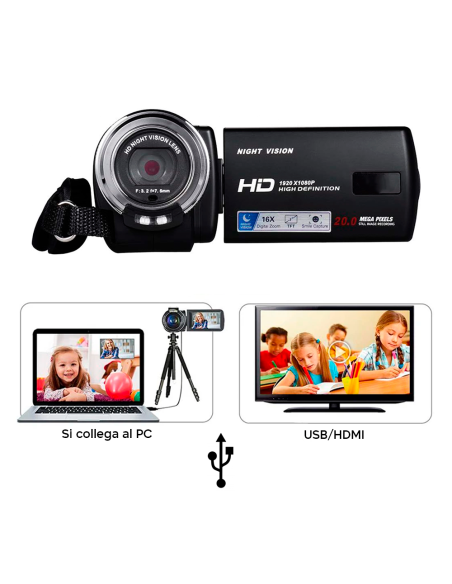 Videocamera Digitale 20 Mega Pixels Full HD Zoom 16X Night Vision Schermo da 3"