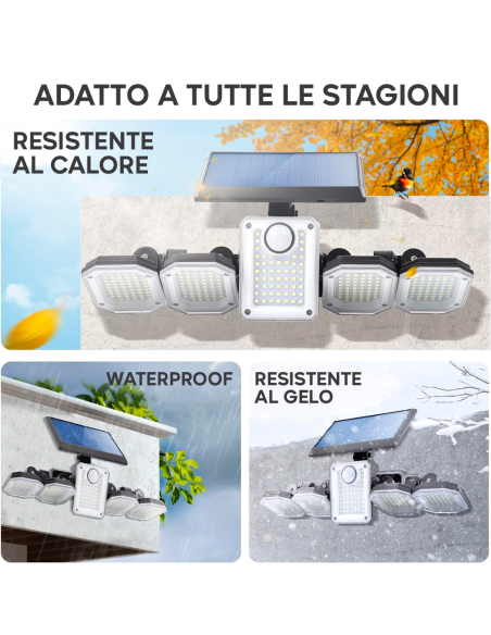 Lampada Ricarica Solare Esterno a Parete IP65 5 Pannelli 300 LED e Telecomando