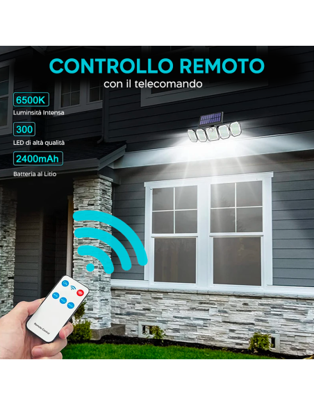 Lampada Ricarica Solare Esterno a Parete IP65 5 Pannelli 300 LED e Telecomando