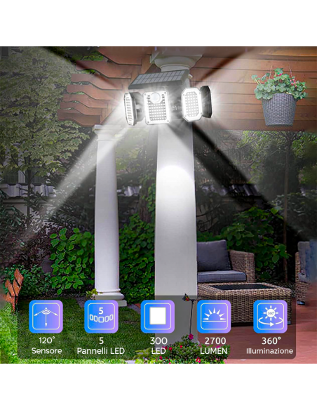 Lampada Ricarica Solare Esterno a Parete IP65 5 Pannelli 300 LED e Telecomando